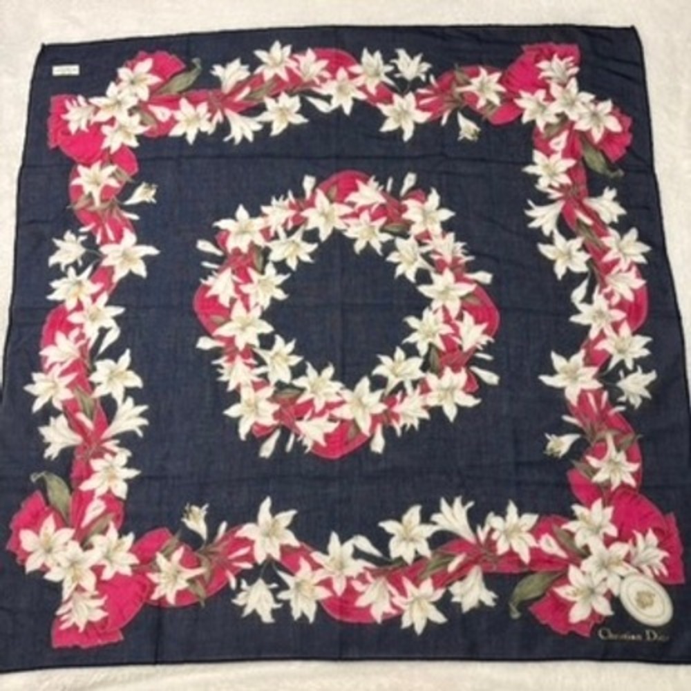 VTG CHRISTIAN DIOR Scarf Handkerchief Lily Floral Navy Blue 19.5in